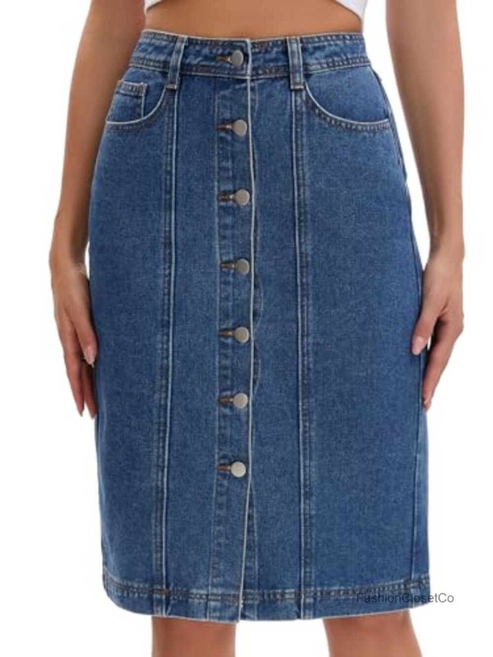 Women's Button Down Denim Skirt High Rise Midi Knee Length